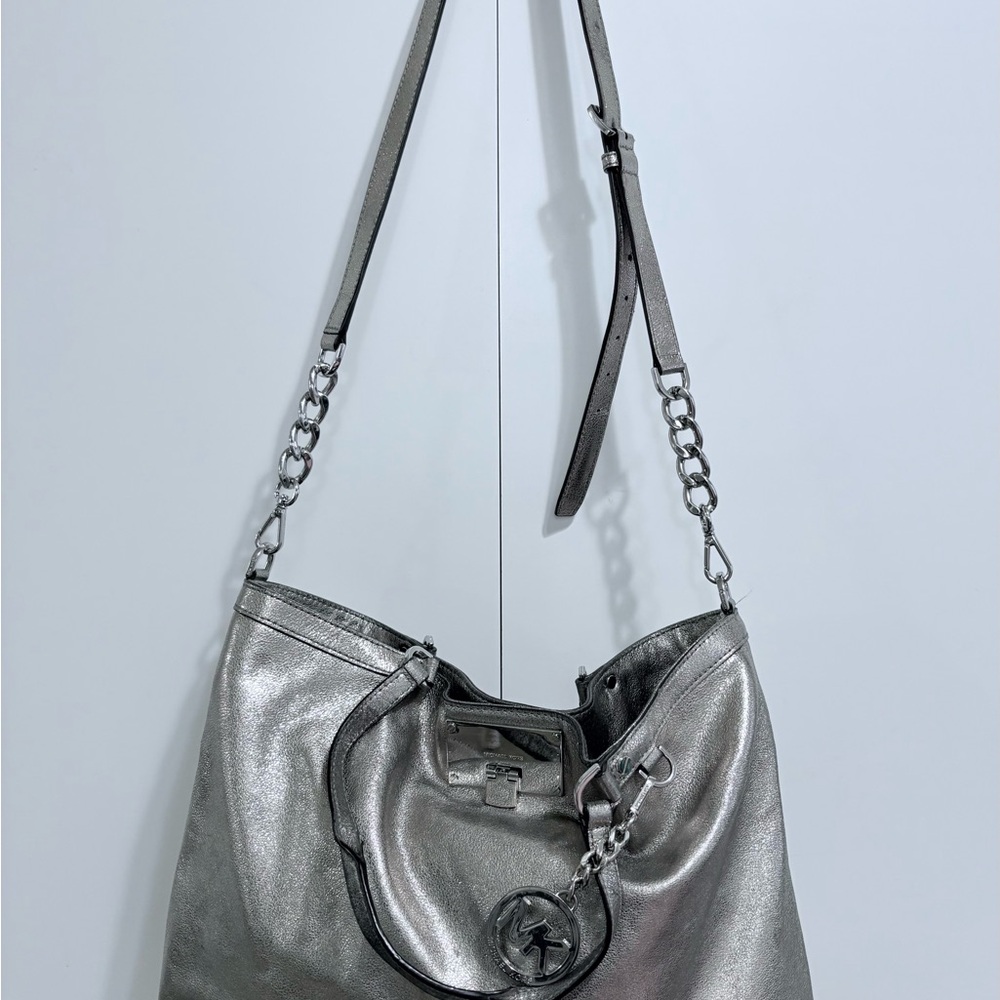 Michael Kors Channing Metallic Silver Tote Messenger Long Chain Strap